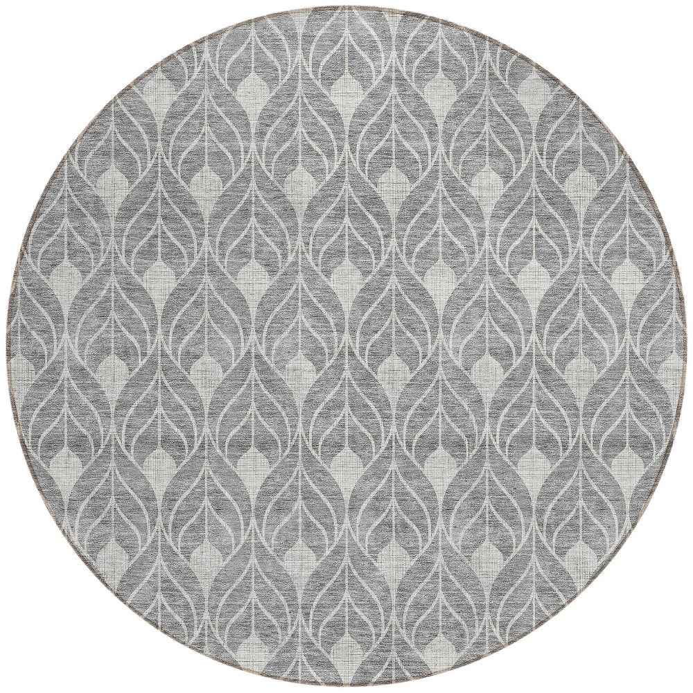 8' Gray And Light Gray Round Geometric Washable Indoor Outdoor Area Rug