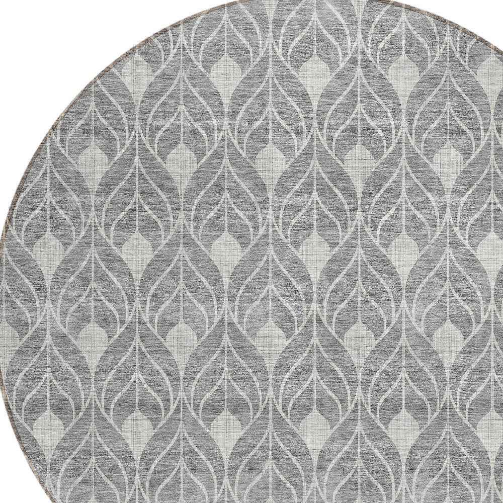 8' Gray And Light Gray Round Geometric Washable Indoor Outdoor Area Rug