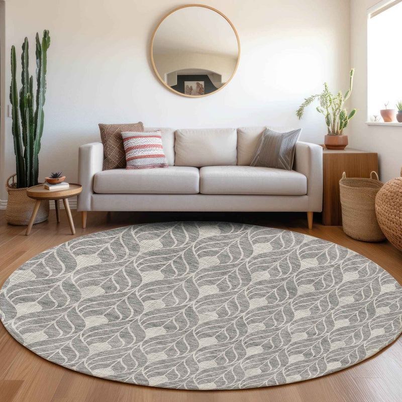 8' Gray And Light Gray Round Geometric Washable Indoor Outdoor Area Rug