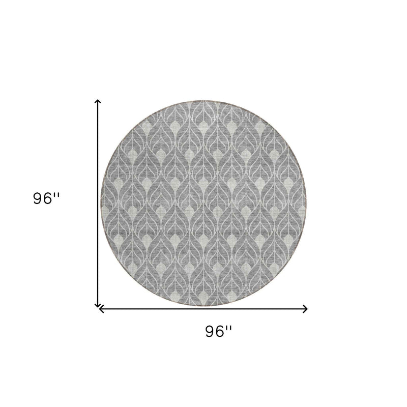8' Gray And Light Gray Round Geometric Washable Indoor Outdoor Area Rug