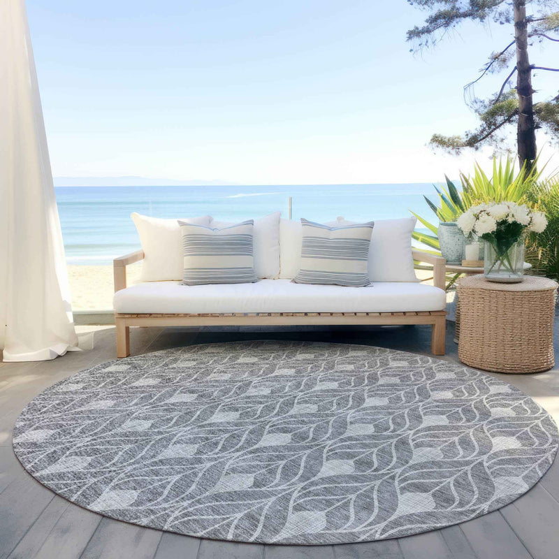 8' Gray And Light Gray Round Geometric Washable Indoor Outdoor Area Rug
