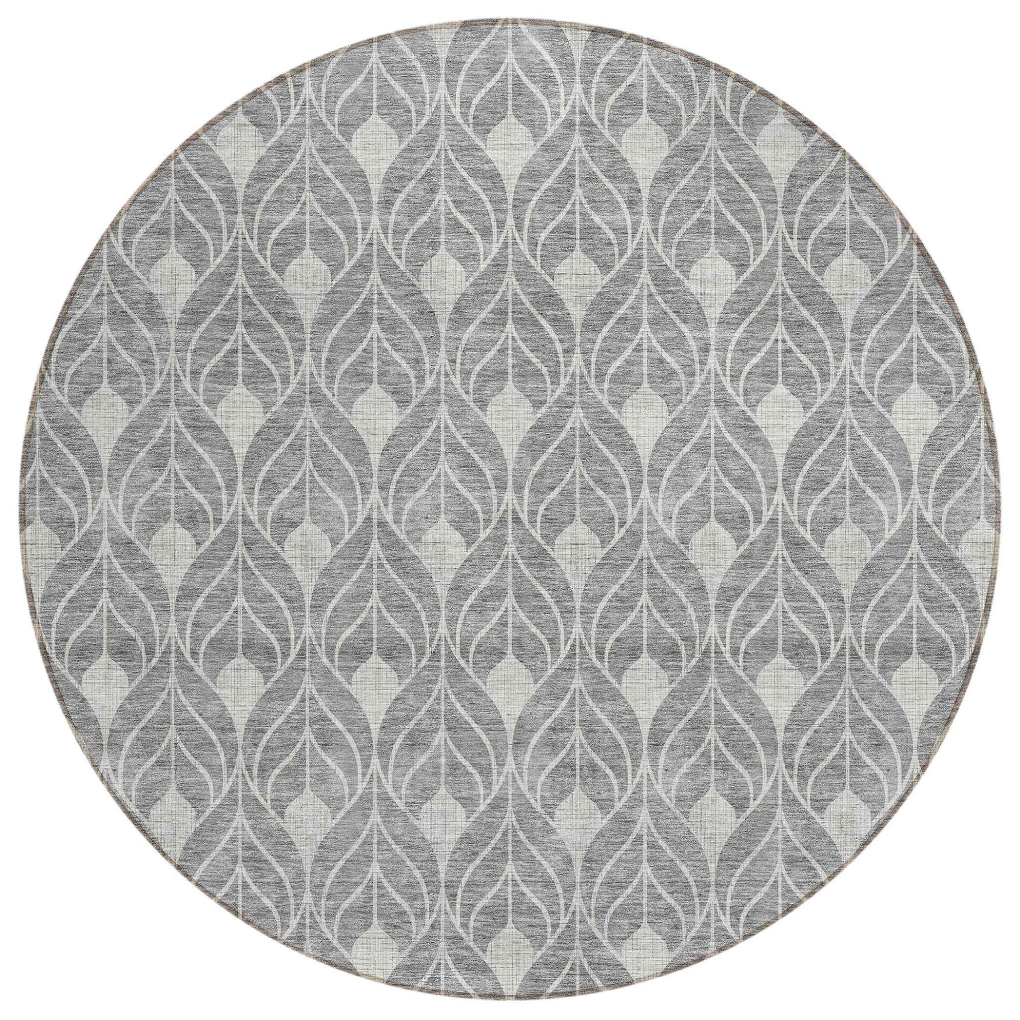 8' Gray And Light Gray Round Geometric Washable Indoor Outdoor Area Rug