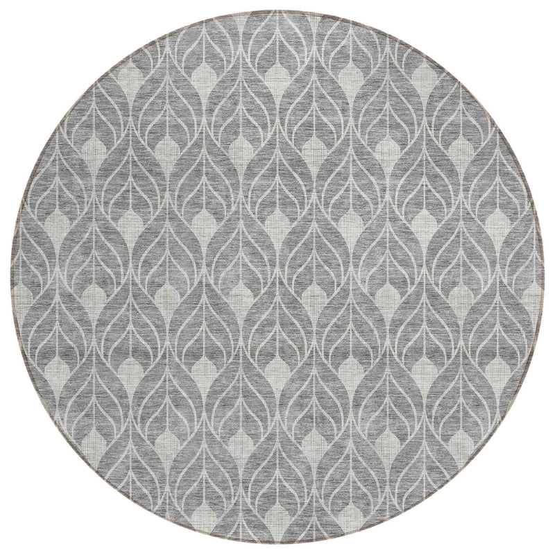 8' Gray And Light Gray Round Geometric Washable Indoor Outdoor Area Rug