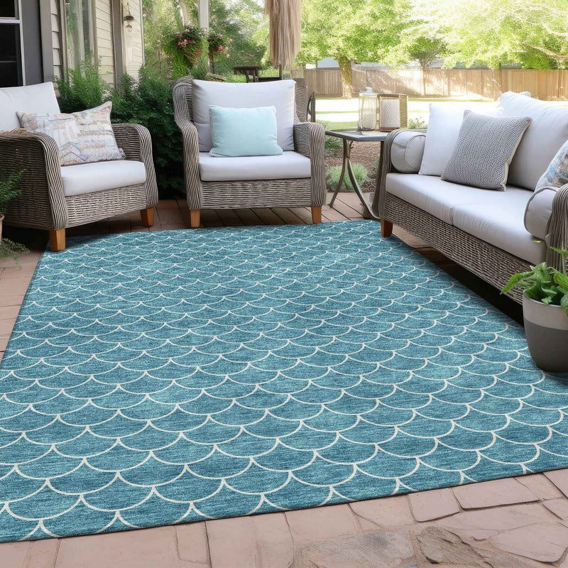 5' X 8' Teal Blue And Ivory Geometric Washable Indoor Outdoor Area Rug