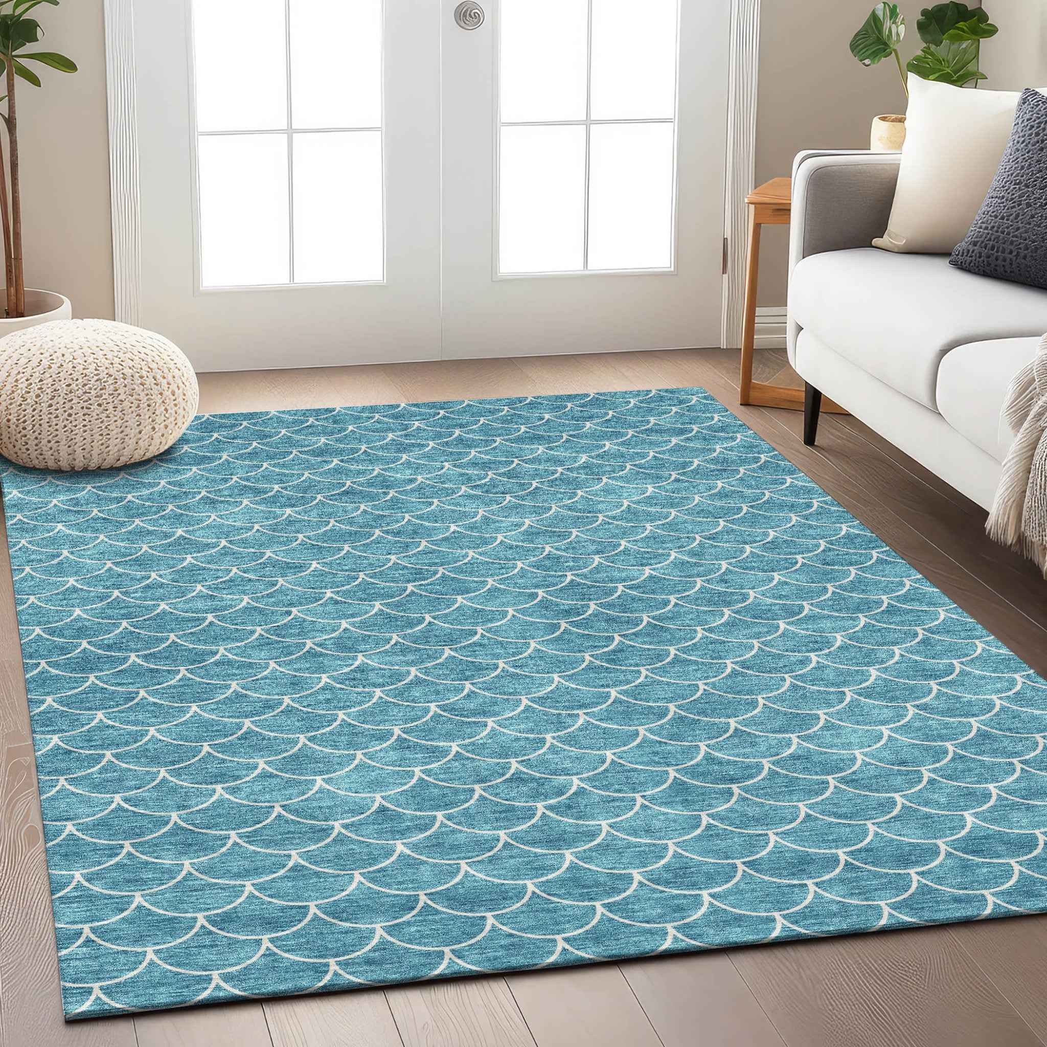 5' X 8' Teal Blue And Ivory Geometric Washable Indoor Outdoor Area Rug