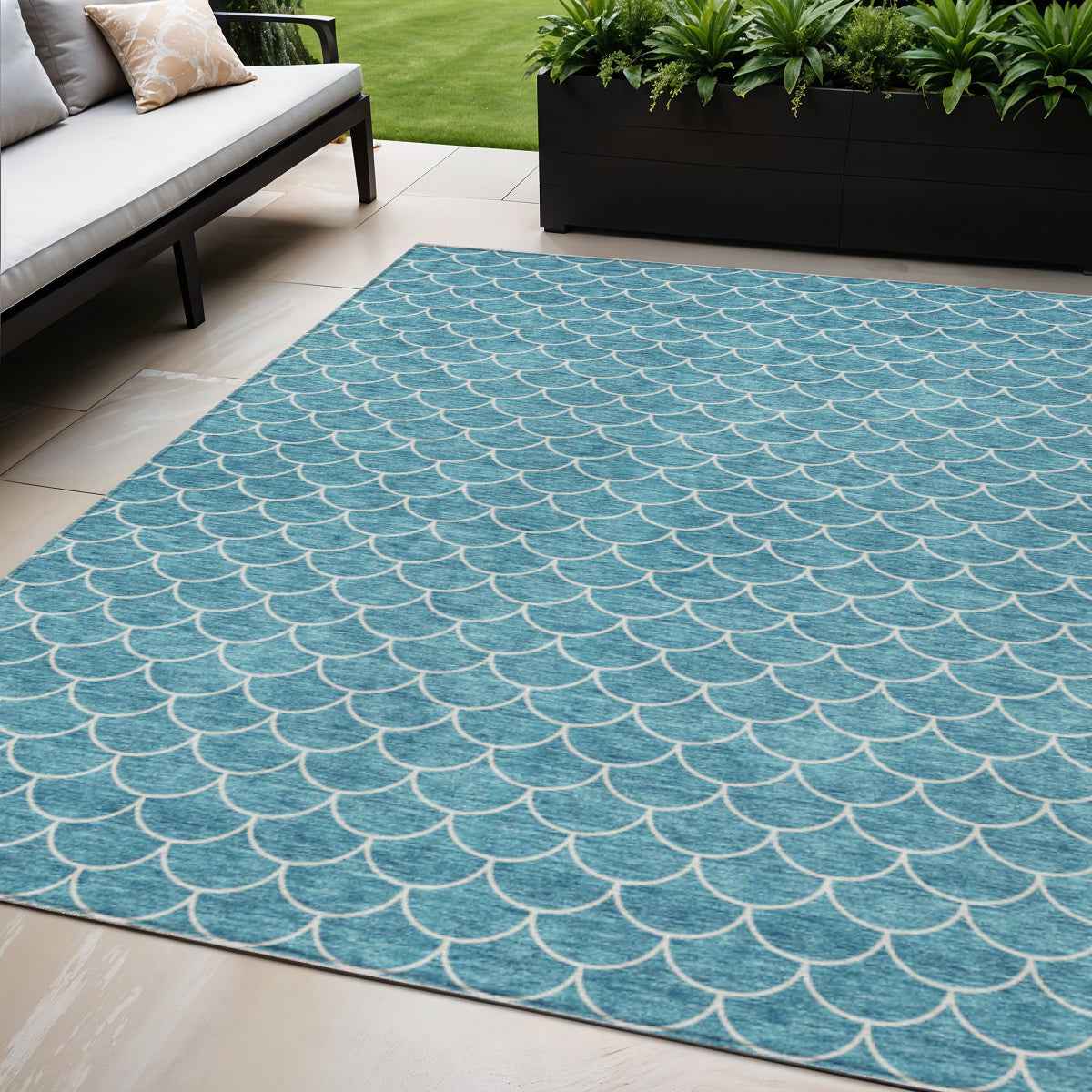 5' X 8' Teal Blue And Ivory Geometric Washable Indoor Outdoor Area Rug