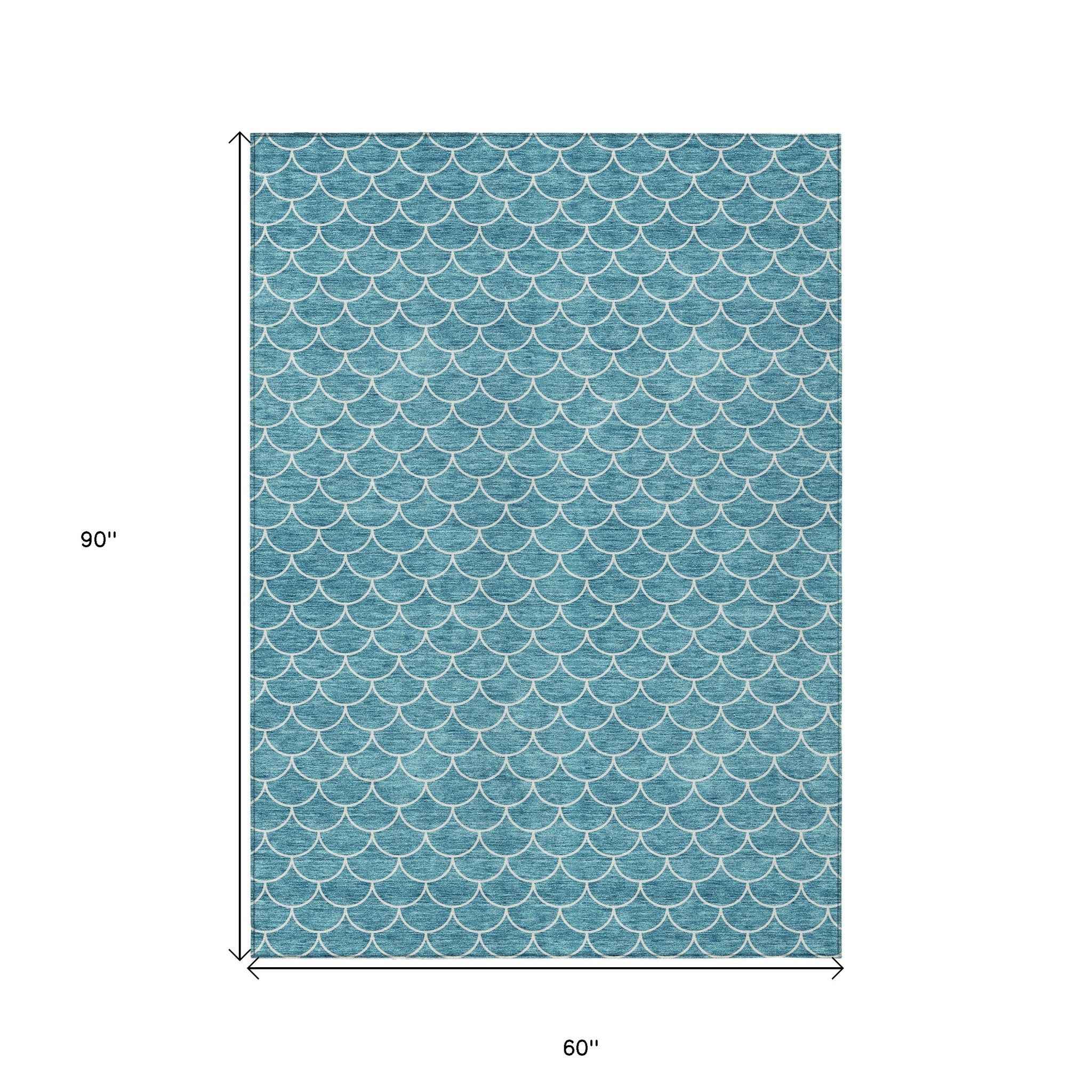 5' X 8' Teal Blue And Ivory Geometric Washable Indoor Outdoor Area Rug