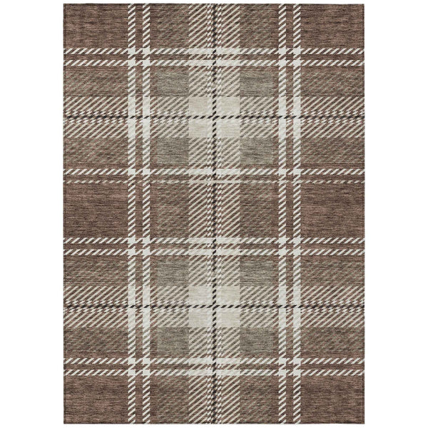9' X 12' Brown Black And Ivory Plaid Washable Indoor Outdoor Area Rug