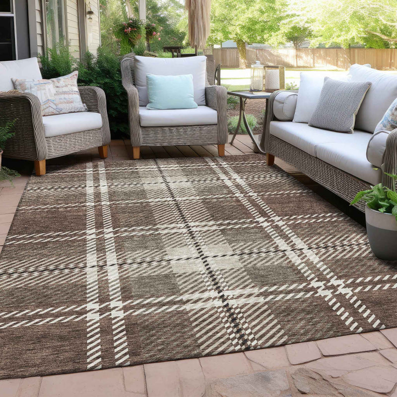 9' X 12' Brown Black And Ivory Plaid Washable Indoor Outdoor Area Rug