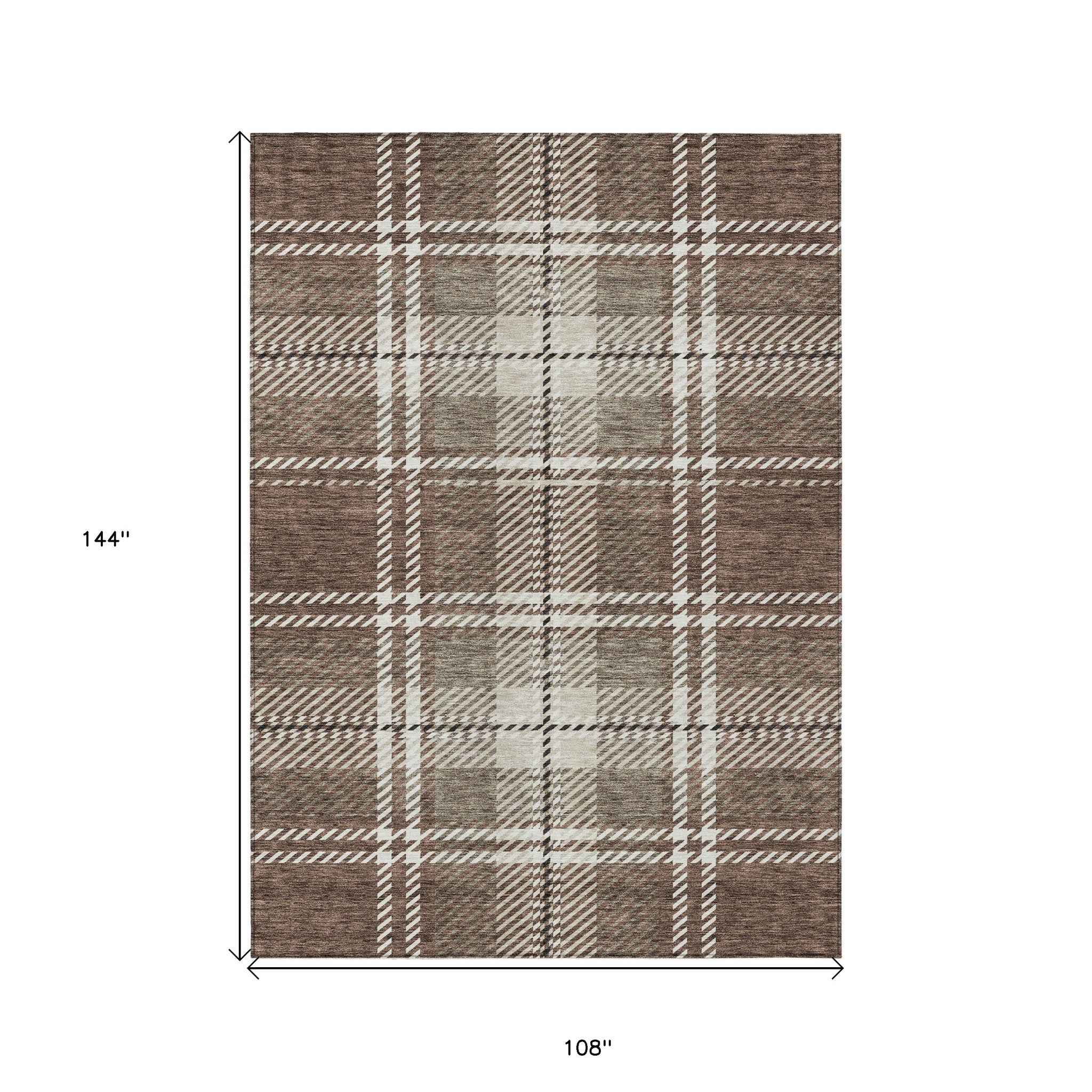 9' X 12' Brown Black And Ivory Plaid Washable Indoor Outdoor Area Rug