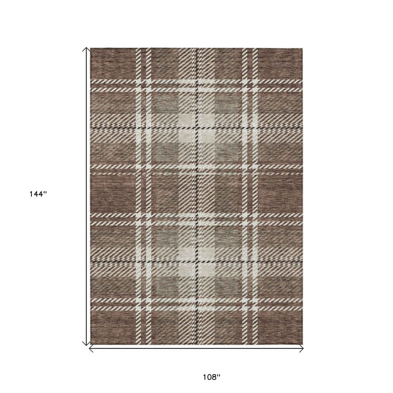 9' X 12' Brown Black And Ivory Plaid Washable Indoor Outdoor Area Rug