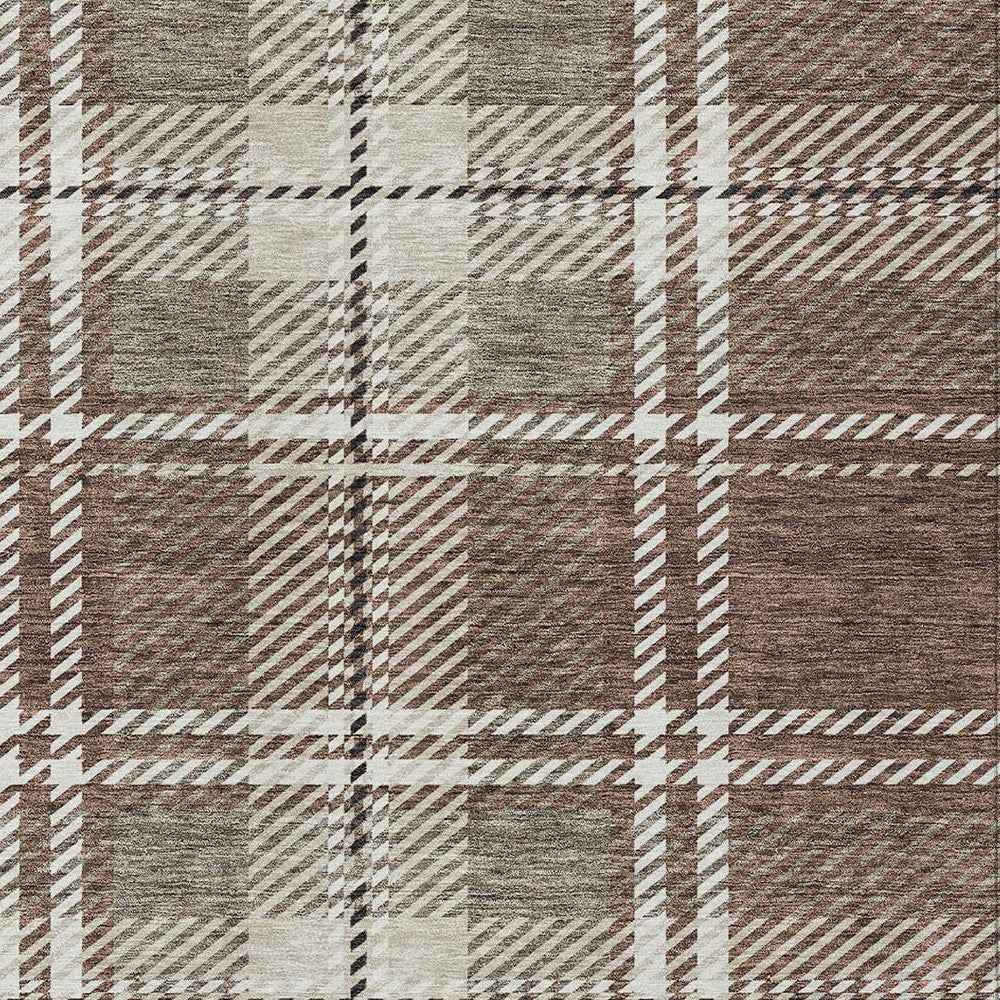 9' X 12' Brown Black And Ivory Plaid Washable Indoor Outdoor Area Rug
