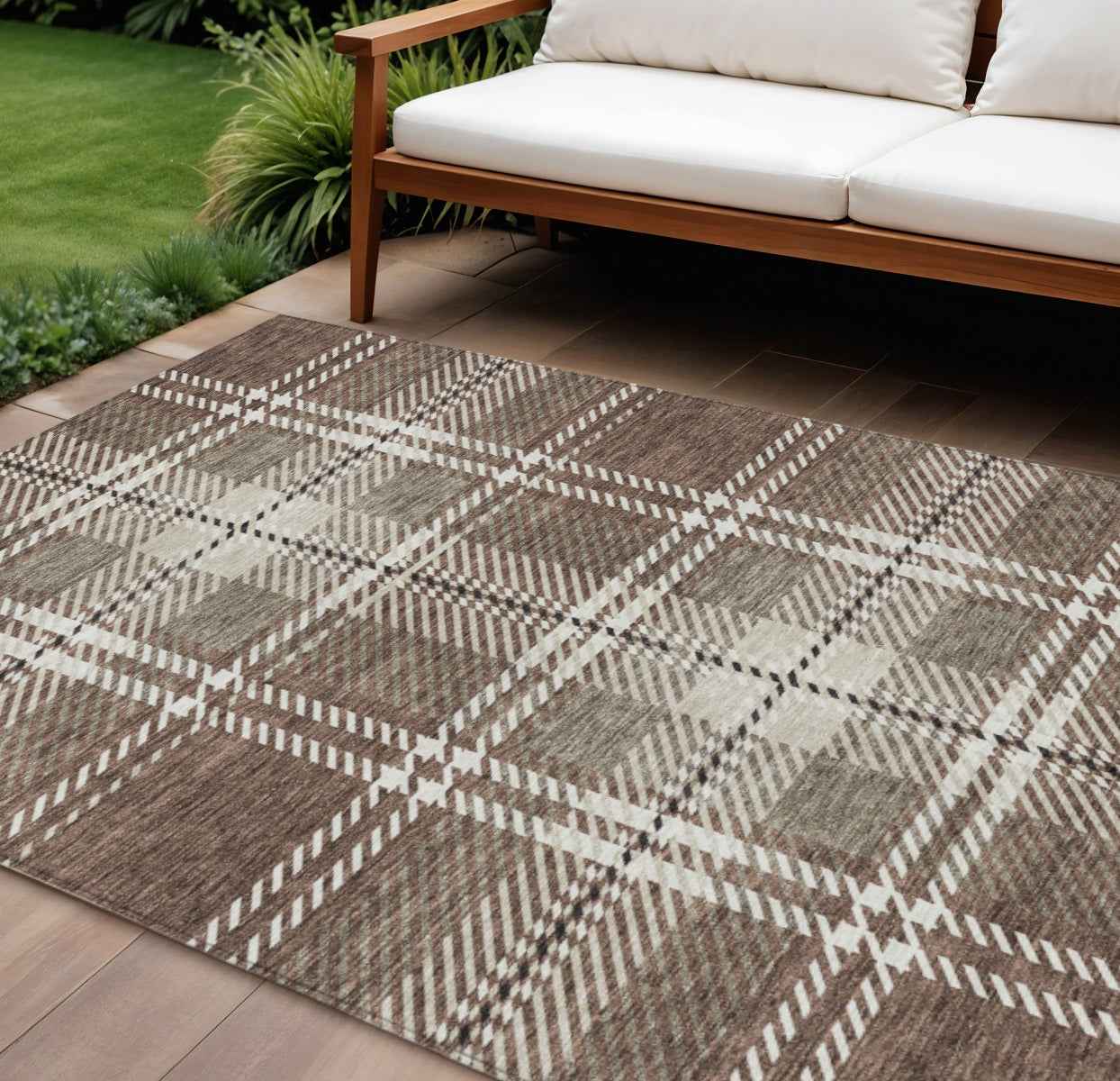9' X 12' Brown Black And Ivory Plaid Washable Indoor Outdoor Area Rug