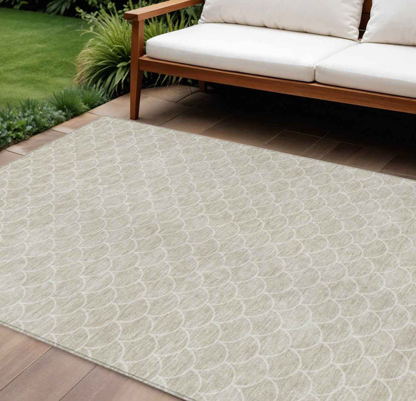 9' X 12' Beige And Ivory Geometric Washable Indoor Outdoor Area Rug