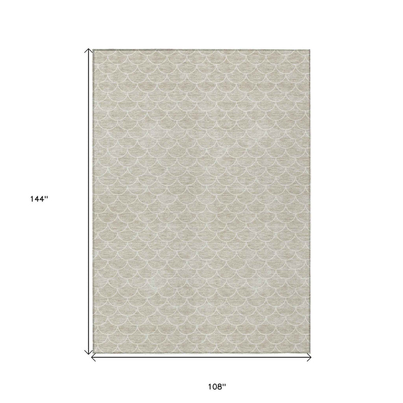 9' X 12' Beige And Ivory Geometric Washable Indoor Outdoor Area Rug
