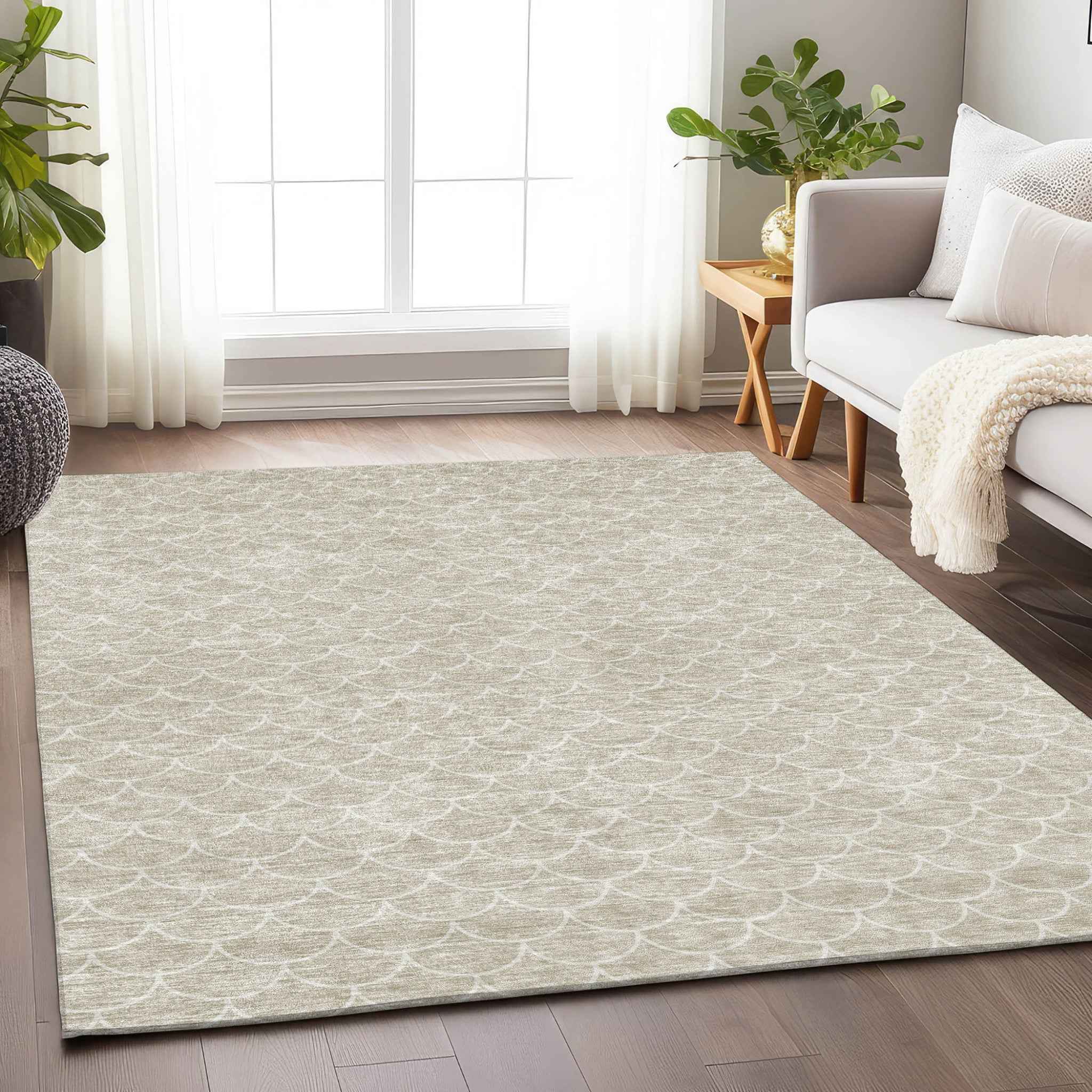 9' X 12' Beige And Ivory Geometric Washable Indoor Outdoor Area Rug
