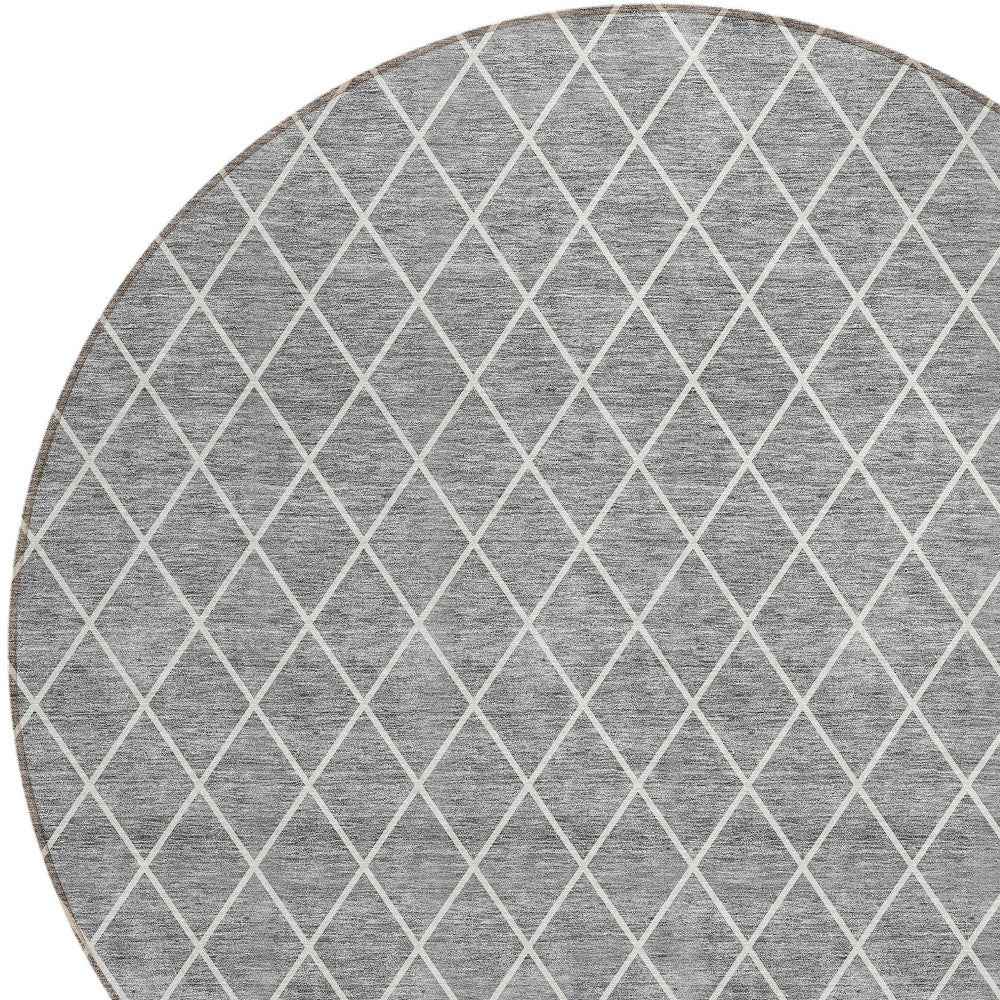 8' Gray And Ivory Round Geometric Washable Indoor Outdoor Area Rug