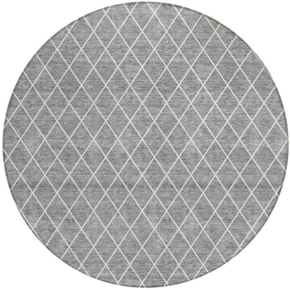 8' Gray And Ivory Round Geometric Washable Indoor Outdoor Area Rug