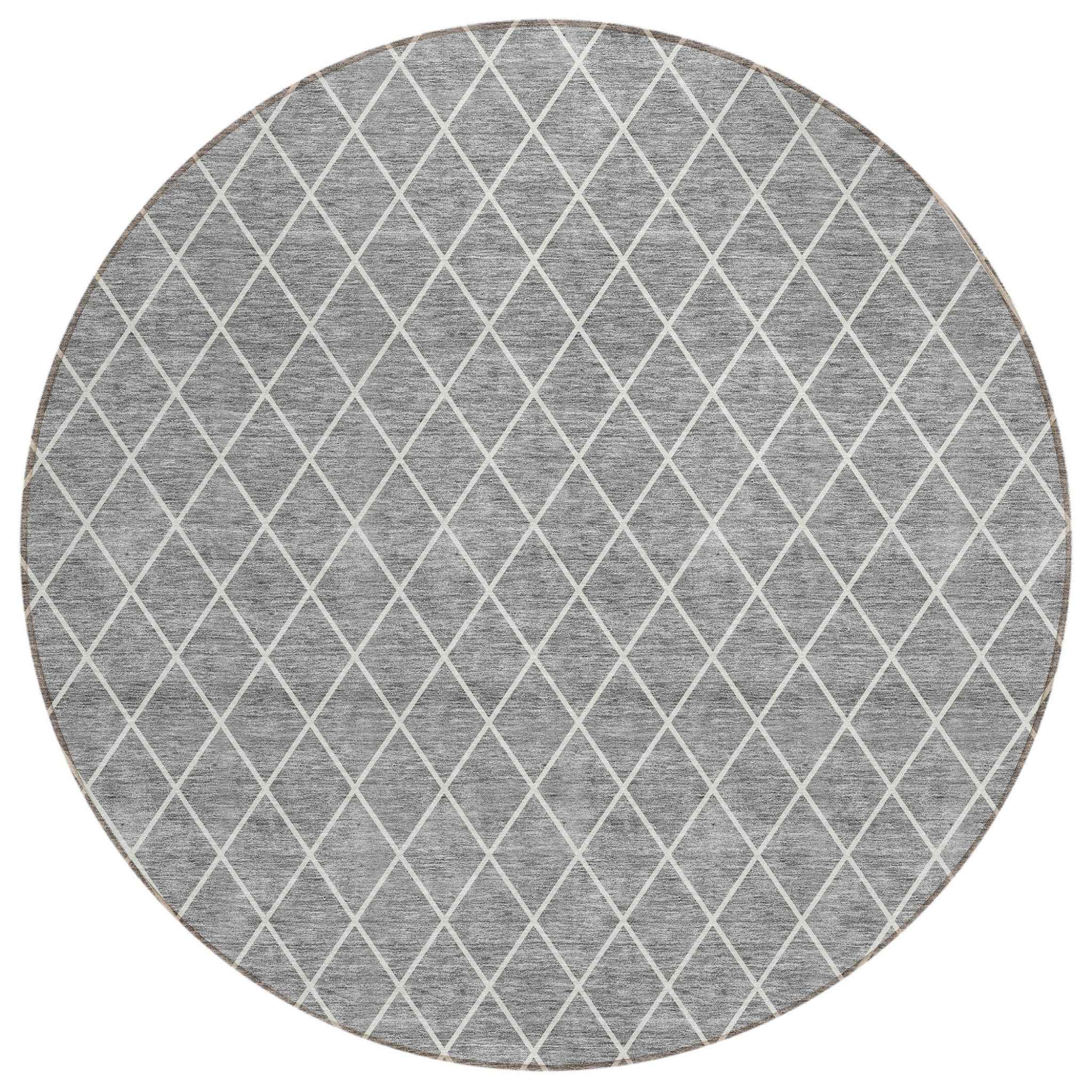 8' Gray And Ivory Round Geometric Washable Indoor Outdoor Area Rug