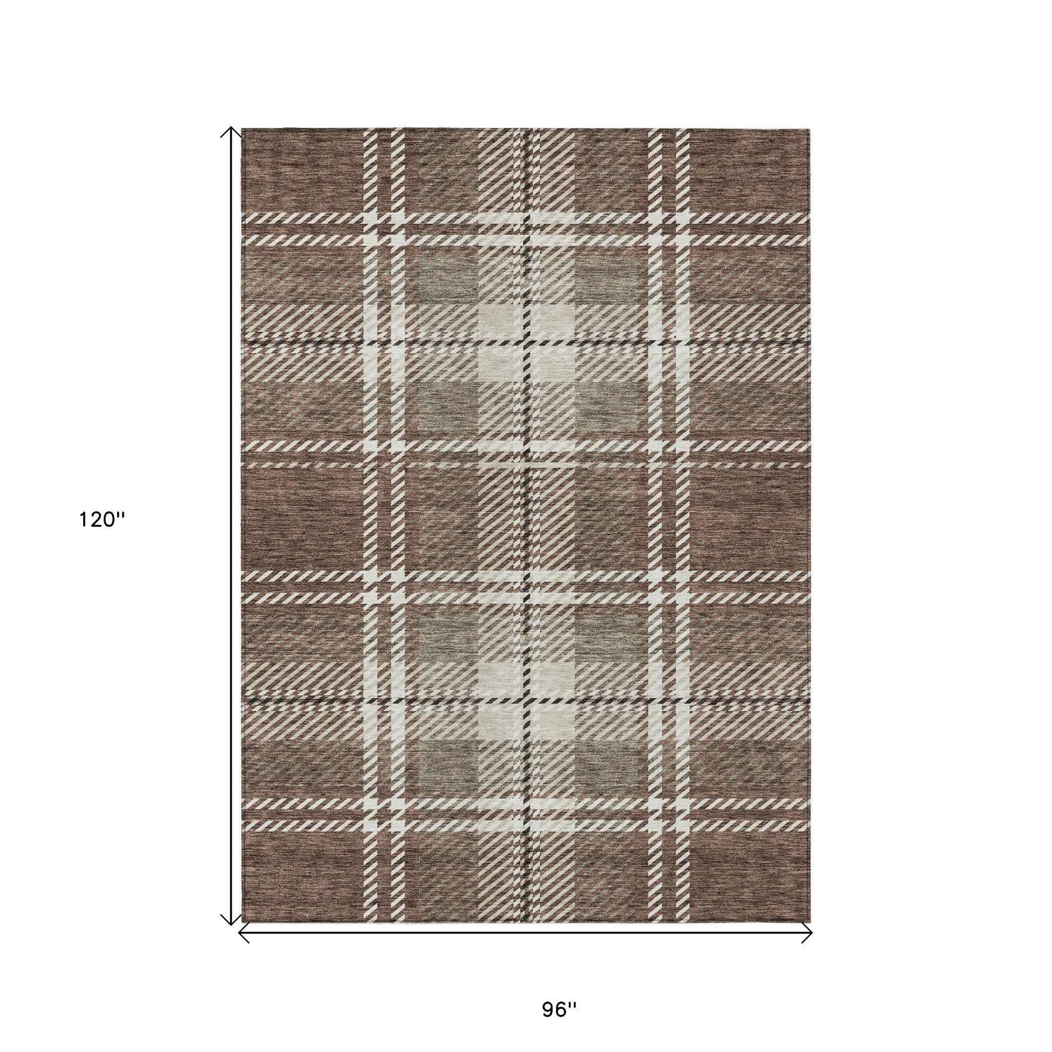 8' X 10' Brown Black And Ivory Plaid Washable Indoor Outdoor Area Rug