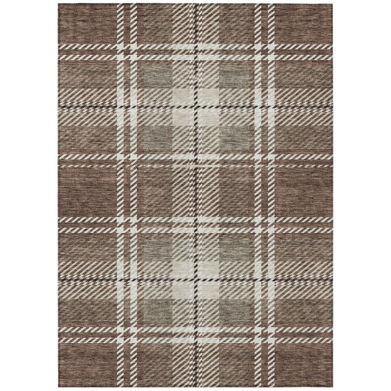 8' X 10' Brown Black And Ivory Plaid Washable Indoor Outdoor Area Rug