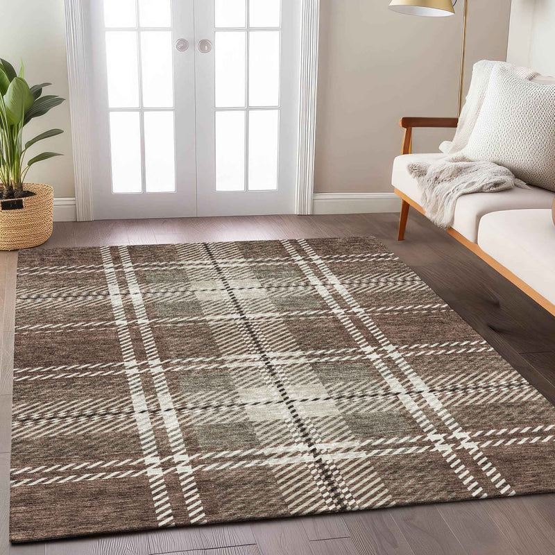 8' X 10' Brown Black And Ivory Plaid Washable Indoor Outdoor Area Rug