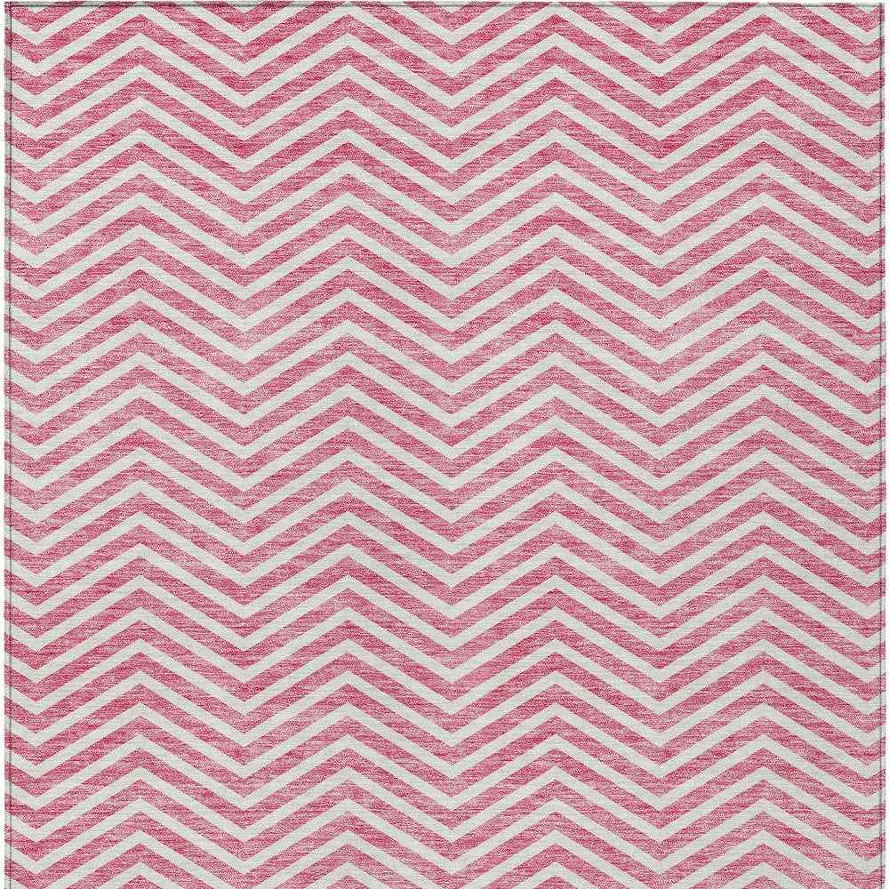 8' X 10' Pink And Ivory Chevron Washable Indoor Outdoor Area Rug