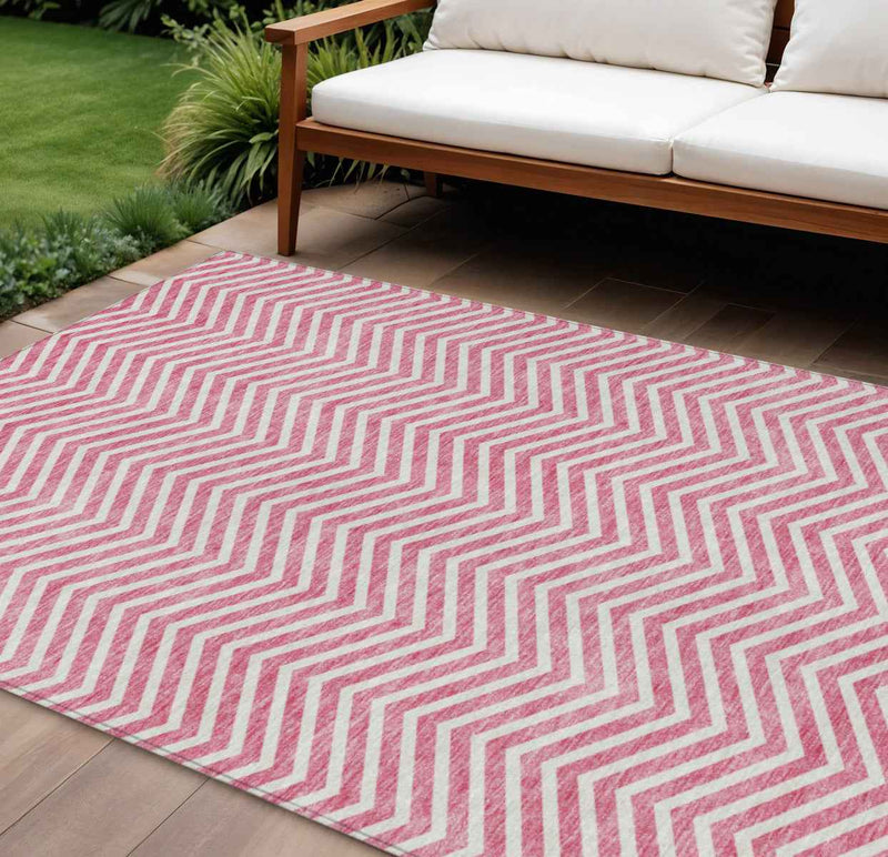 8' X 10' Pink And Ivory Chevron Washable Indoor Outdoor Area Rug