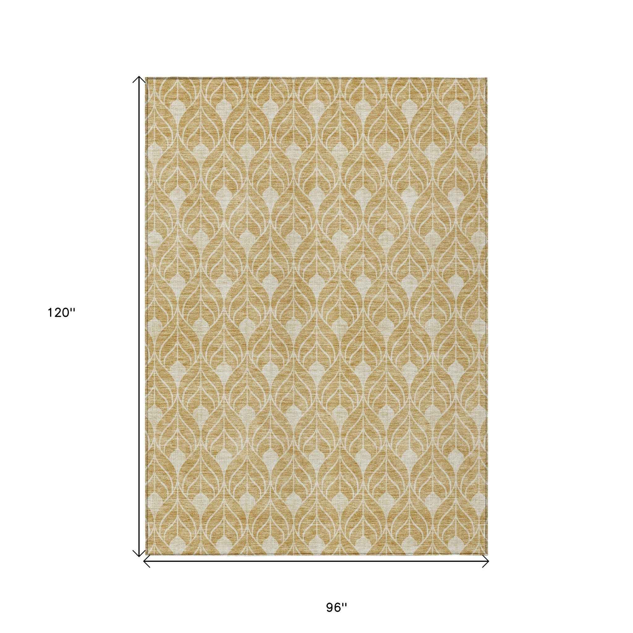 8' X 10' Gold And Ivory Geometric Washable Indoor Outdoor Area Rug