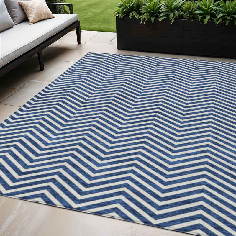 5' X 8' Blue And Ivory Chevron Washable Indoor Outdoor Area Rug