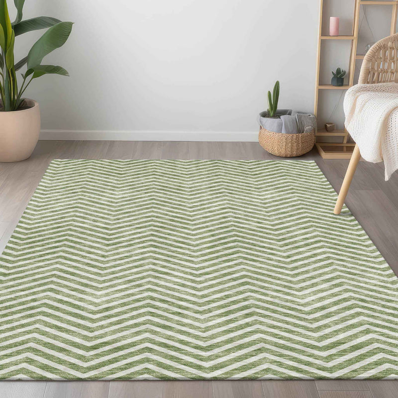 3' X 5' Green And Ivory Chevron Washable Indoor Outdoor Area Rug
