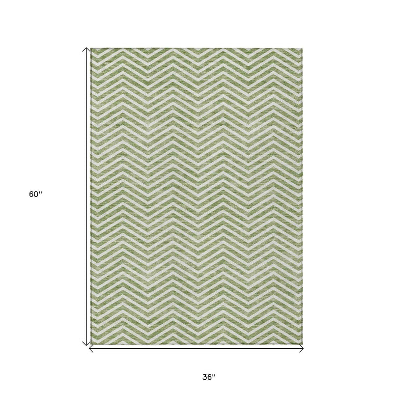 3' X 5' Green And Ivory Chevron Washable Indoor Outdoor Area Rug