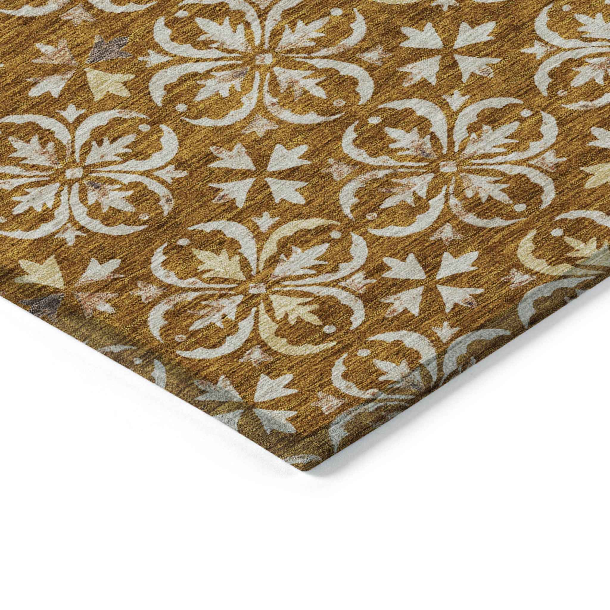 5' X 8' Copper And Beige Floral Washable Indoor Outdoor Area Rug