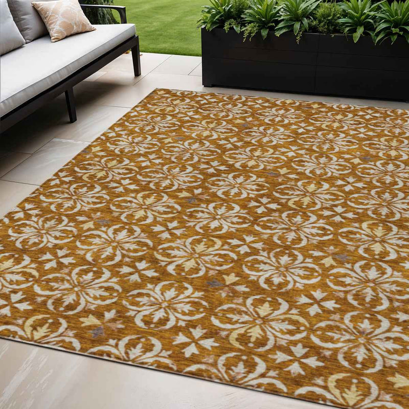 5' X 8' Copper And Beige Floral Washable Indoor Outdoor Area Rug