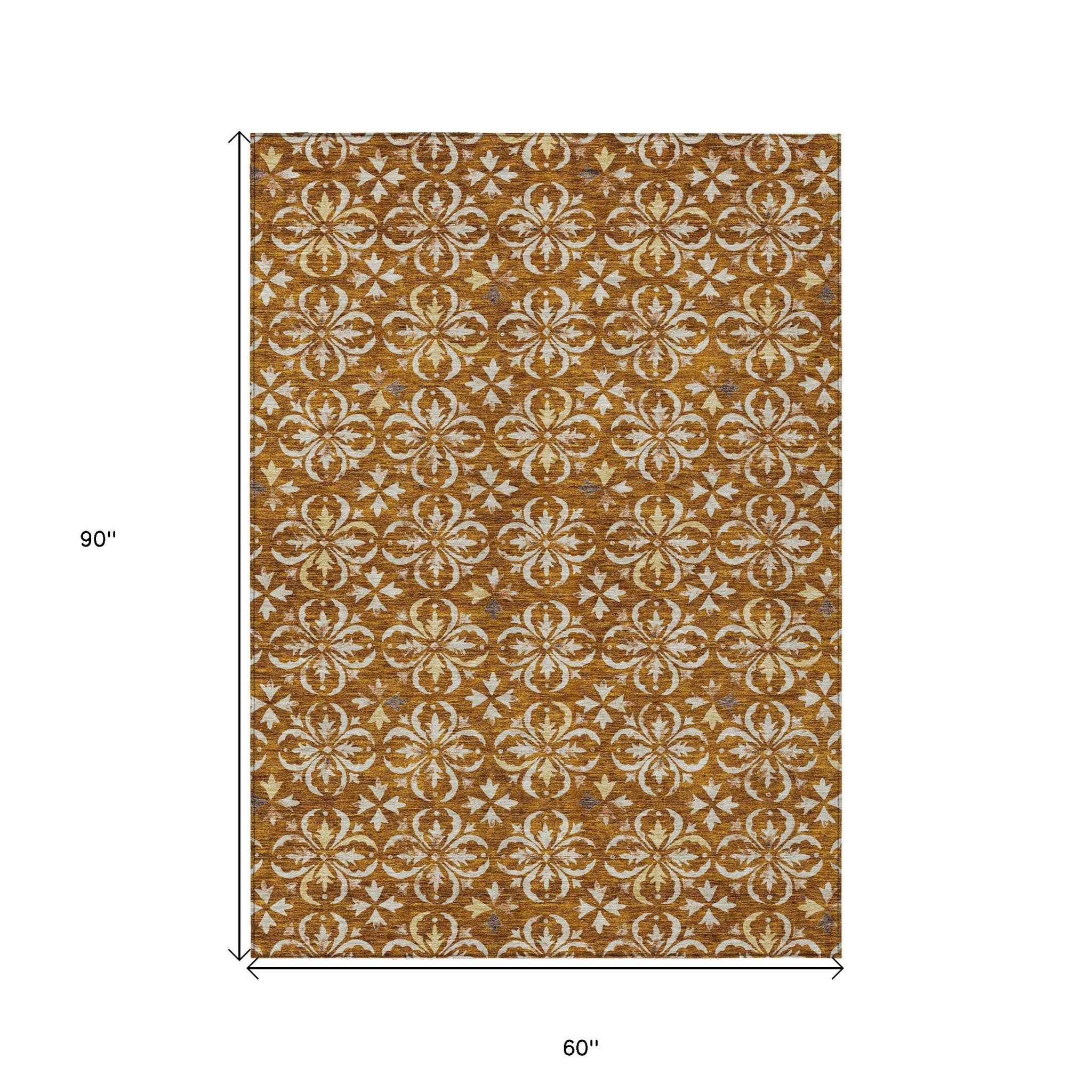 5' X 8' Copper And Beige Floral Washable Indoor Outdoor Area Rug