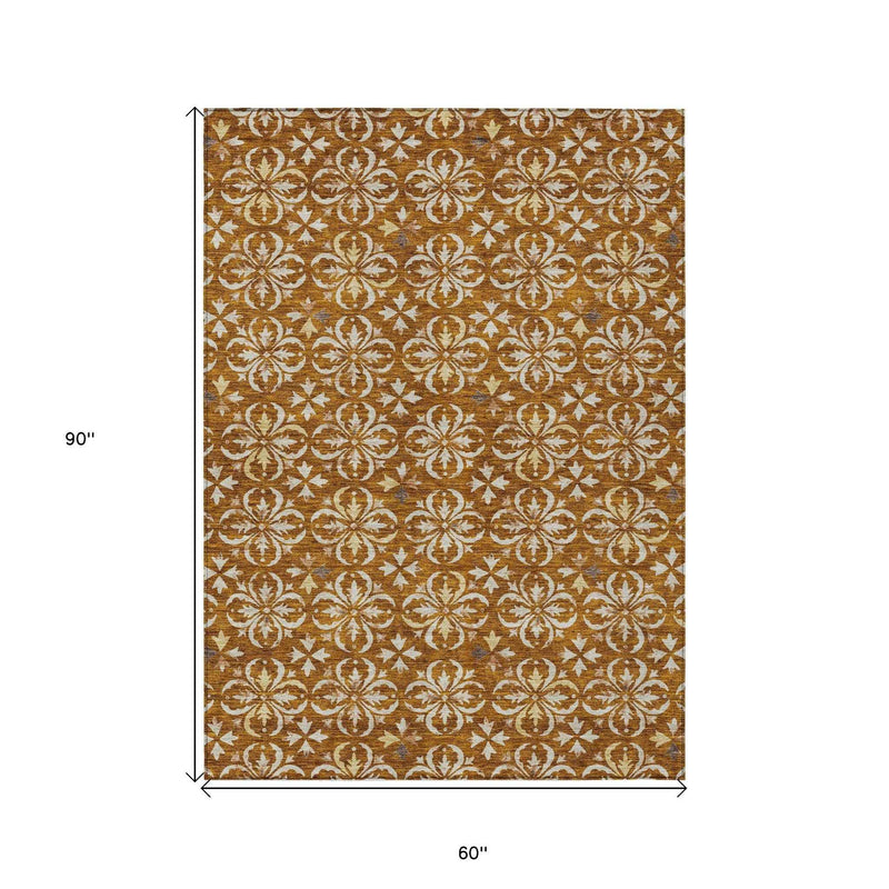 5' X 8' Copper And Beige Floral Washable Indoor Outdoor Area Rug