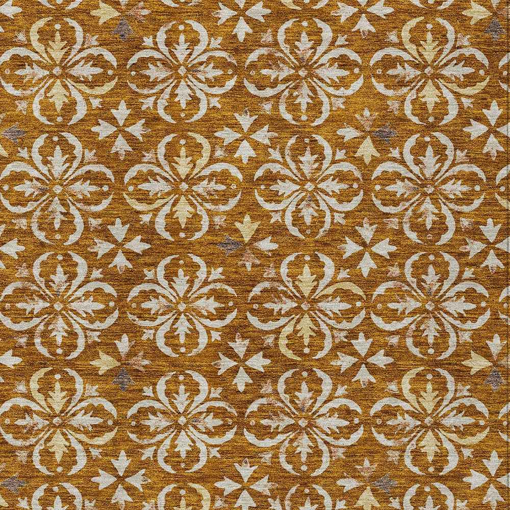 5' X 8' Copper And Beige Floral Washable Indoor Outdoor Area Rug