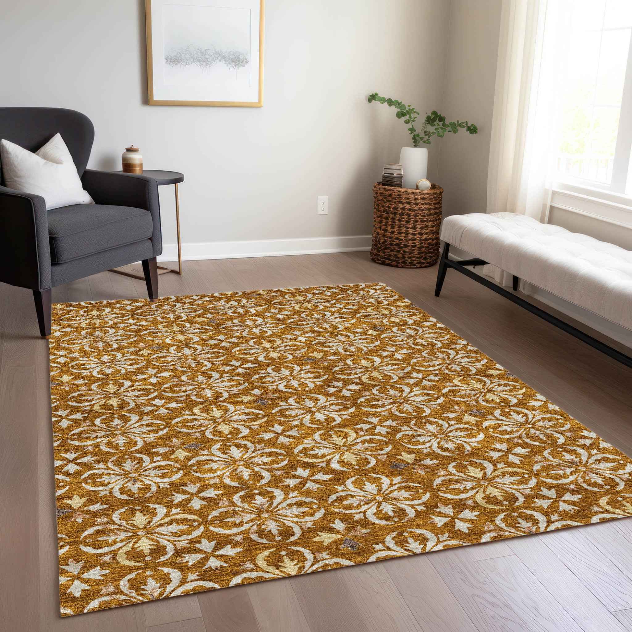 5' X 8' Copper And Beige Floral Washable Indoor Outdoor Area Rug