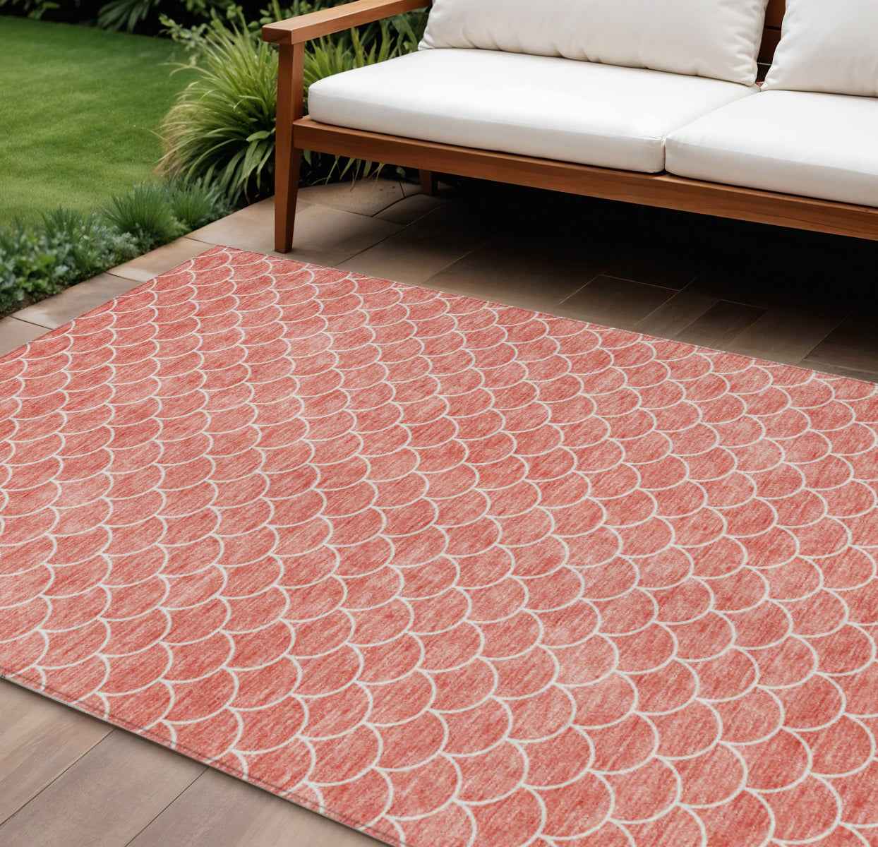 8' X 10' Salmon And Ivory Geometric Washable Indoor Outdoor Area Rug