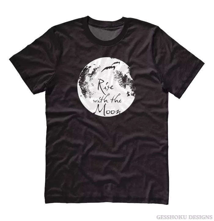 Black unisex T-shirt with white moon logo and “Rise with the Moon” text on chest