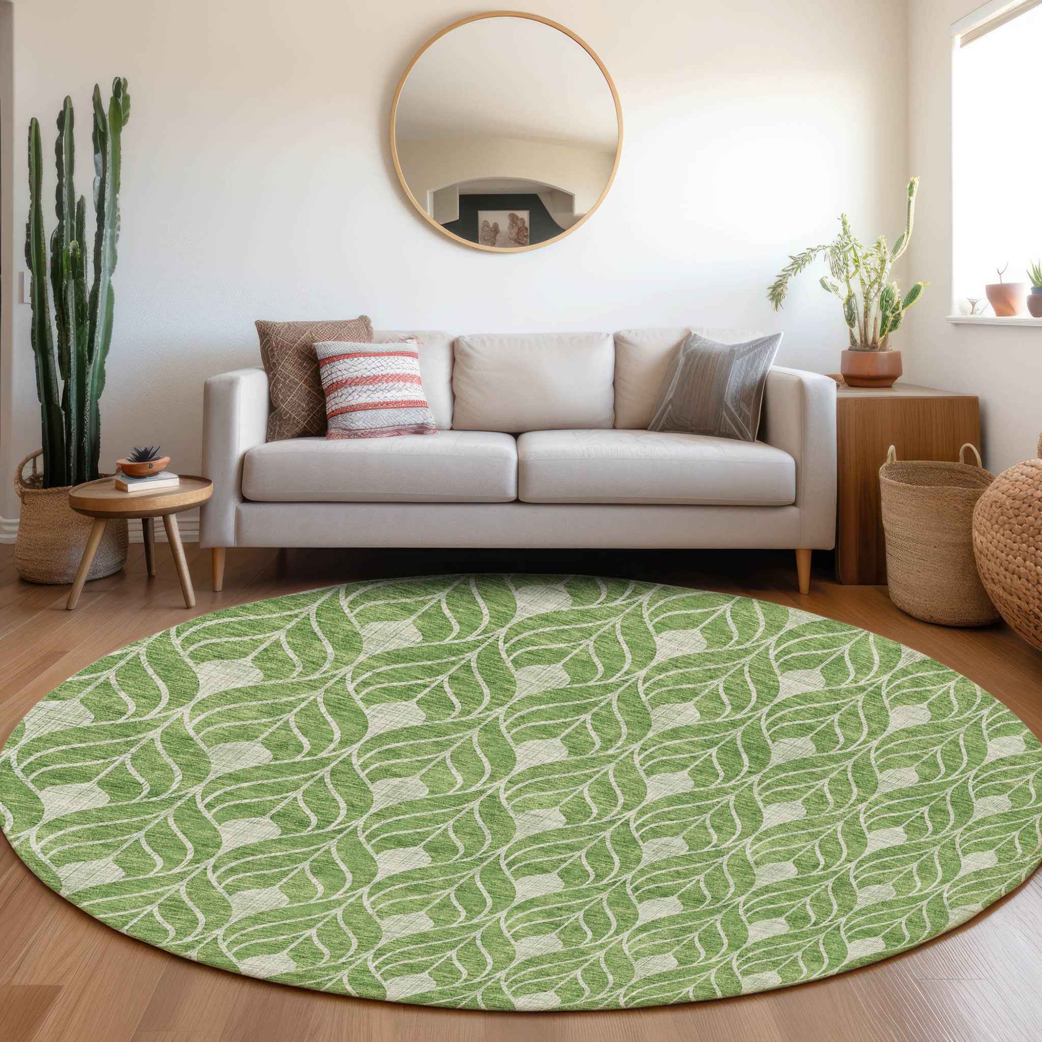 8' Green And Light Green Round Geometric Washable Indoor Outdoor Area Rug