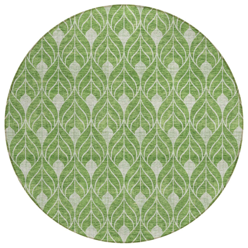 8' Green And Light Green Round Geometric Washable Indoor Outdoor Area Rug