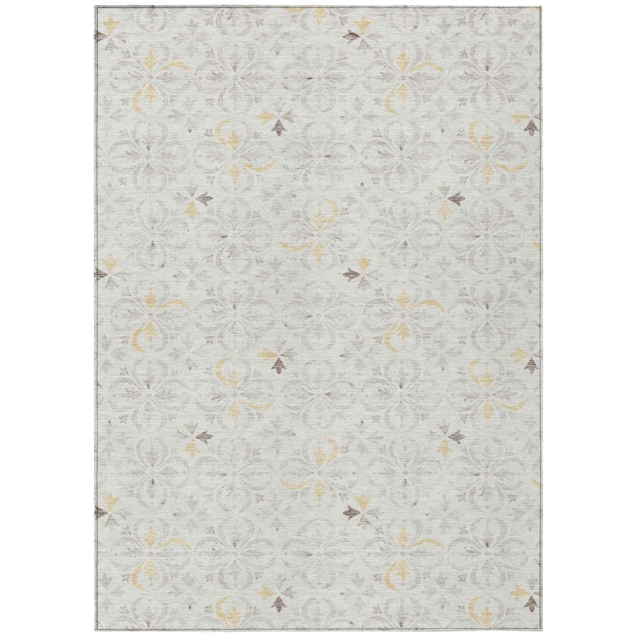 5' X 8' Ivory Gray And Gold Floral Washable Indoor Outdoor Area Rug
