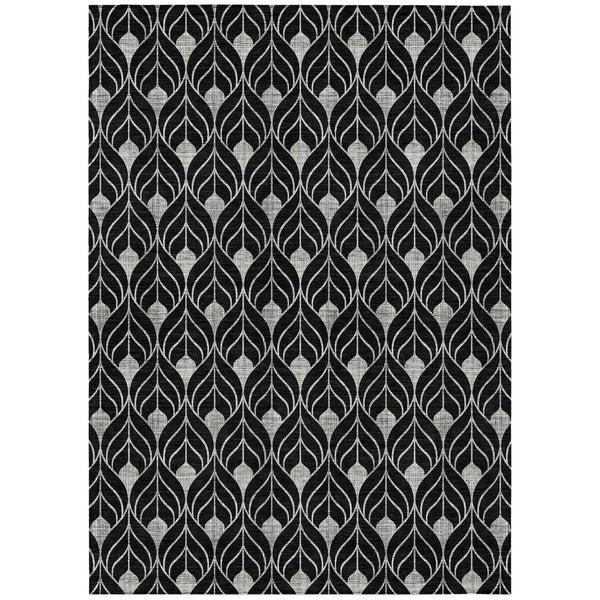 9' X 12' Black And Ivory Geometric Washable Indoor Outdoor Area Rug