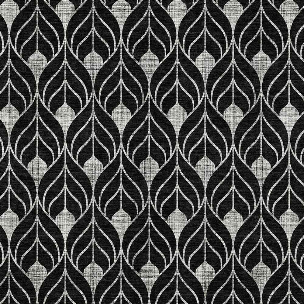 9' X 12' Black And Ivory Geometric Washable Indoor Outdoor Area Rug