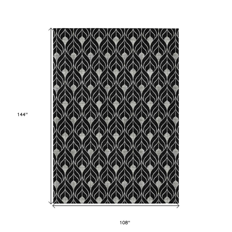 9' X 12' Black And Ivory Geometric Washable Indoor Outdoor Area Rug