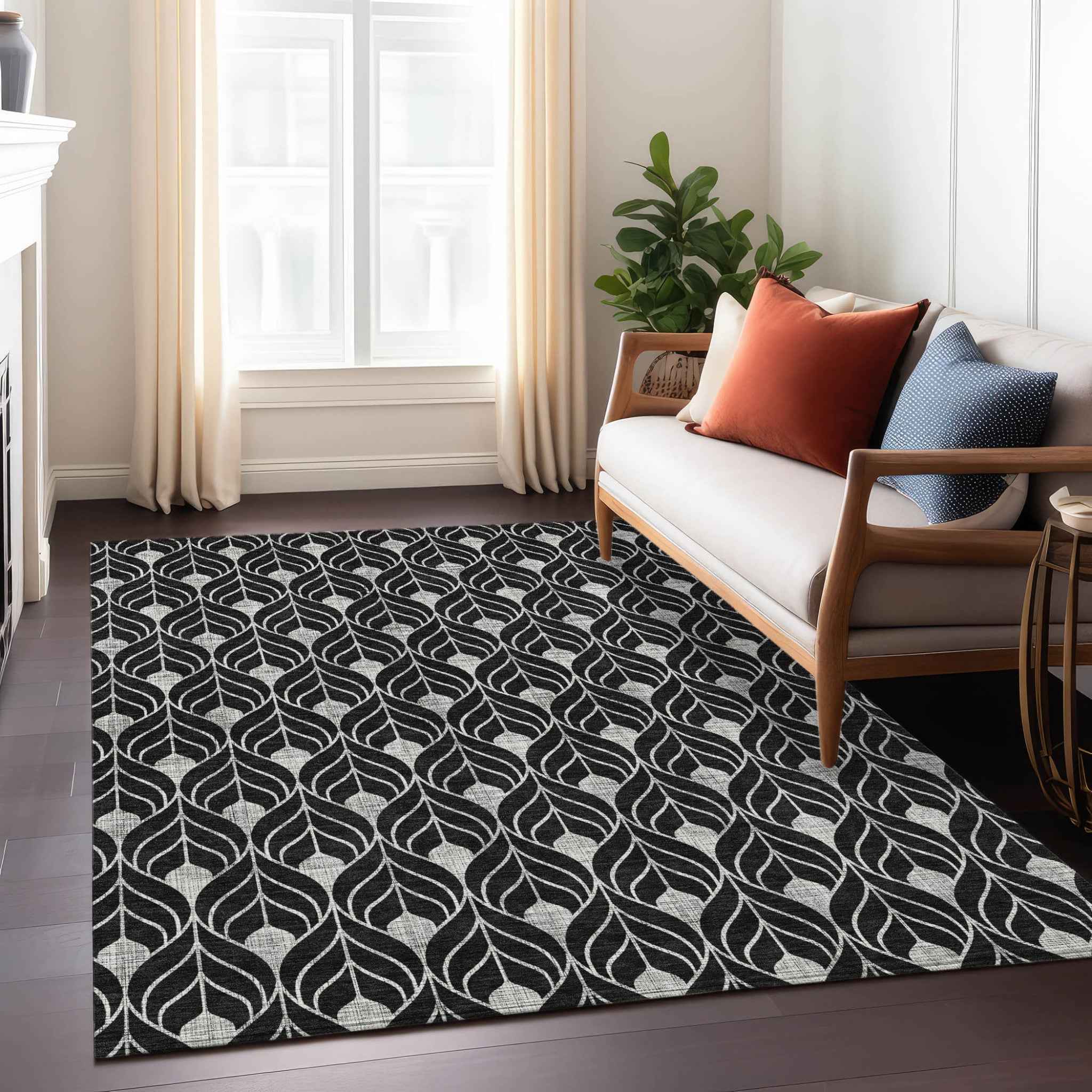 9' X 12' Black And Ivory Geometric Washable Indoor Outdoor Area Rug