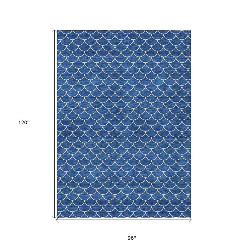 8' X 10' Blue And Ivory Geometric Washable Indoor Outdoor Area Rug