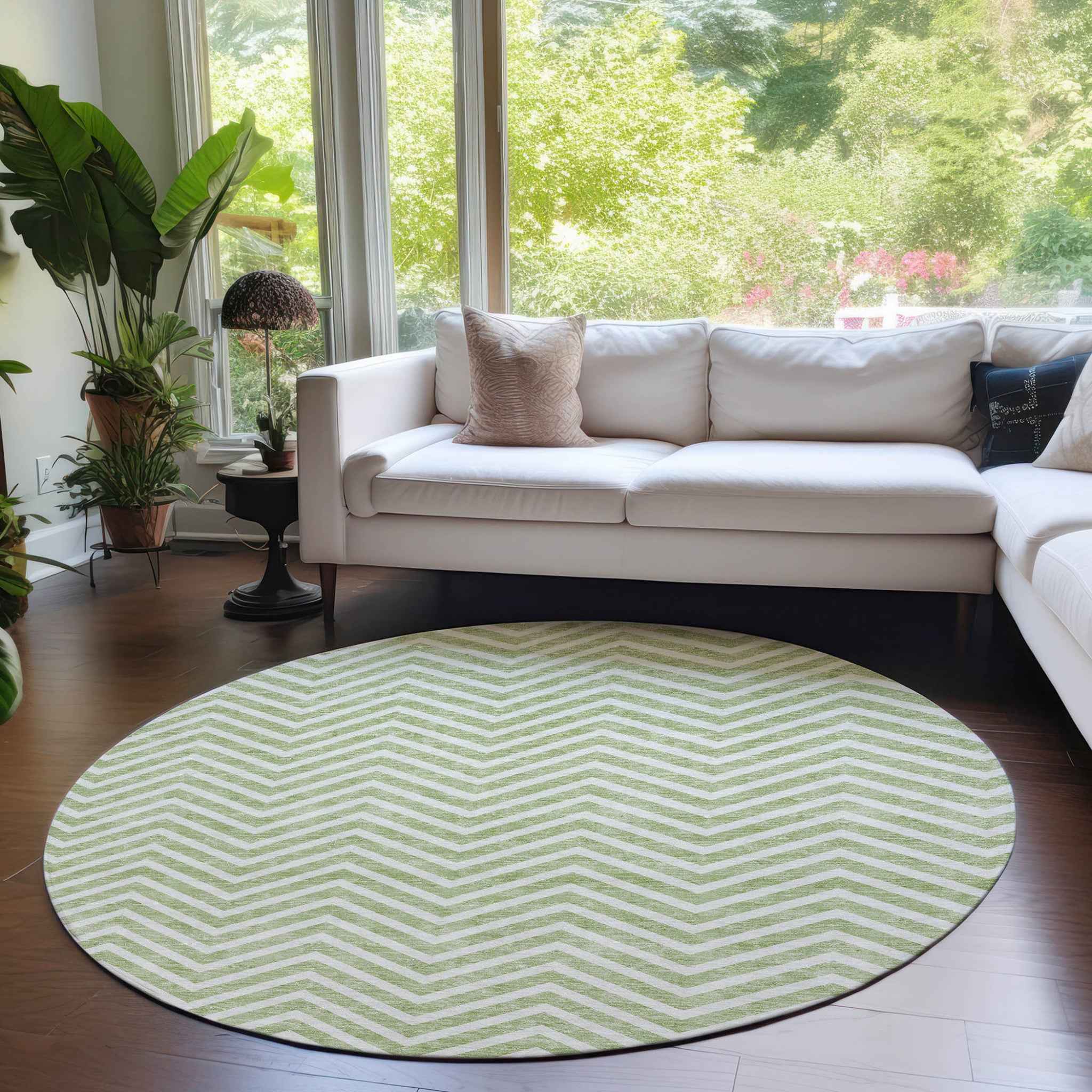 8' Artichoke Green And Ivory Round Chevron Washable Indoor Outdoor Area Rug