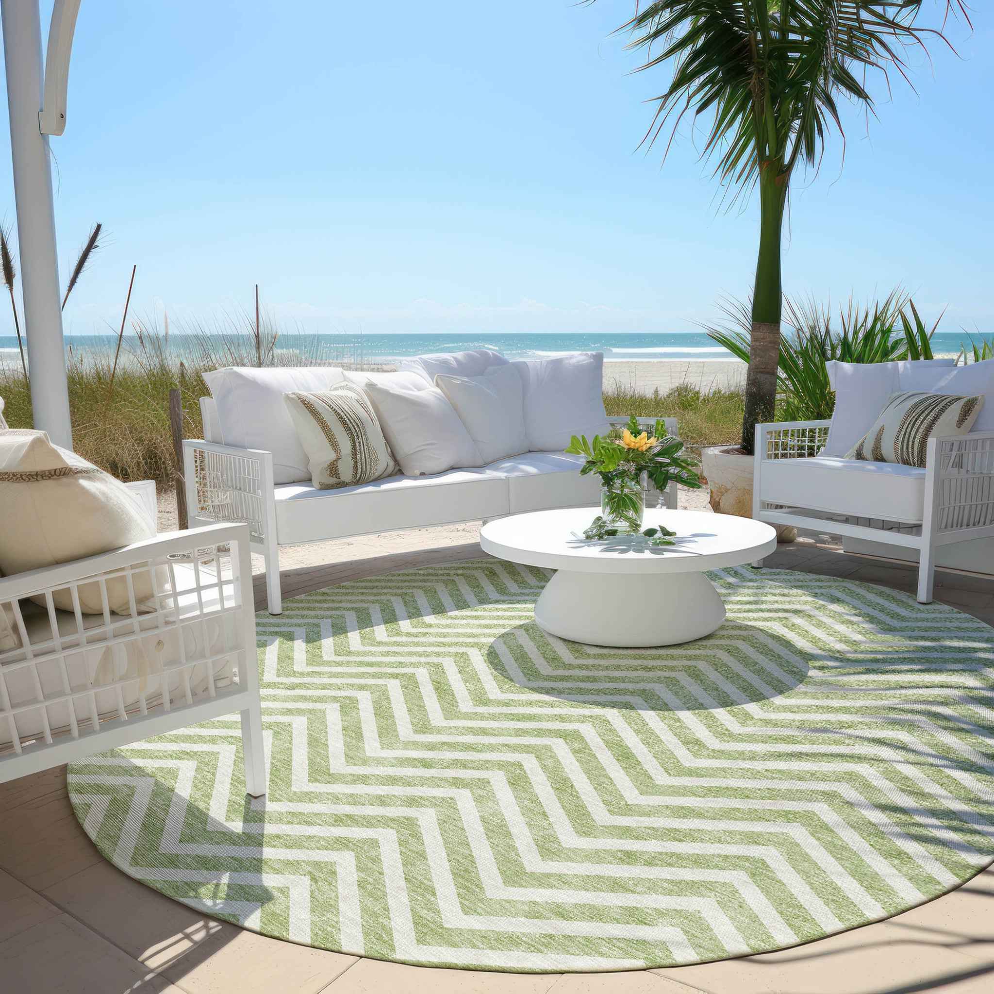 8' Artichoke Green And Ivory Round Chevron Washable Indoor Outdoor Area Rug